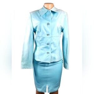 Dante Leather Factory Italy Women’s Leather Skirt Suit Set Size 44/46 Sky Blue